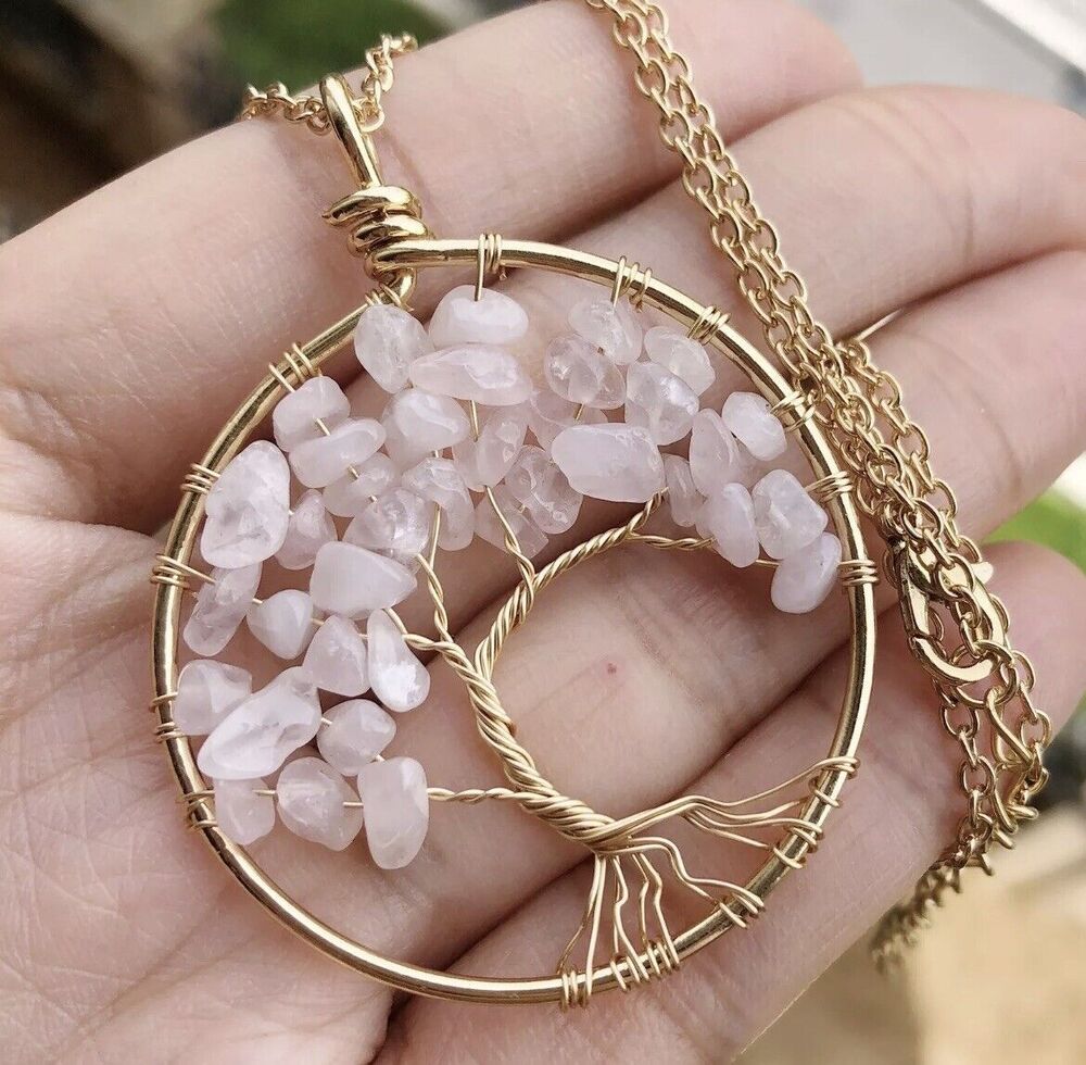Rose Quartz Gem Tree Of Life Drop Necklace Chakra Amulet Love Heart Stone Healin